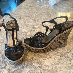 Fergalicious Black Patent Wedges with Tan Accents